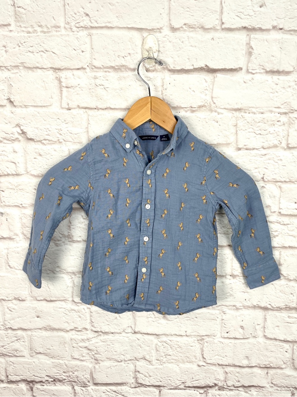 Janie & Jack Horse Print Blue Cotton Gauze Button Down Shirt Size 2T